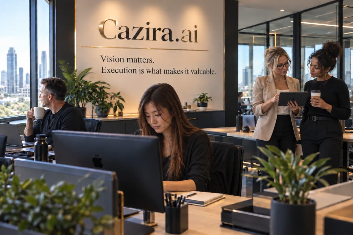 Inside the Cazira office — a team working in a bright, open workspace beneath a wall that reads 'Vision matters. Execution is what makes it valuable.'
