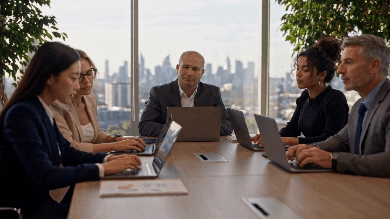 A diverse group of business professionals collaborating around a boardroom table.