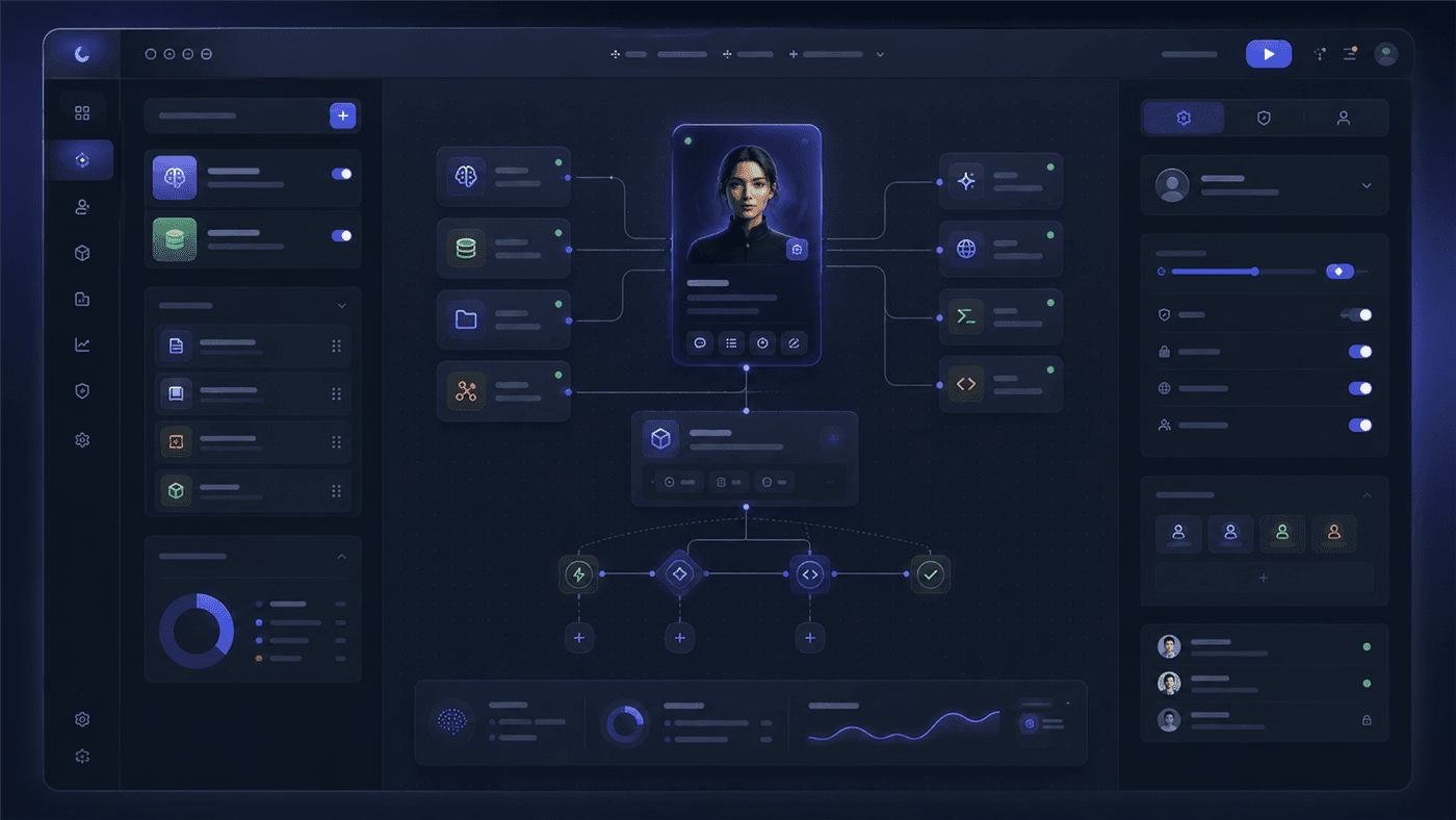 Design preview of the AI agent builder configuring an agent's tools and behaviour