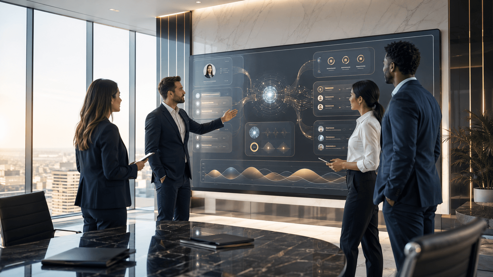 Illustrative rendered scene of a team in a boardroom reviewing a wall of Cazira.ai dashboards — a design preview, not a customer photograph
