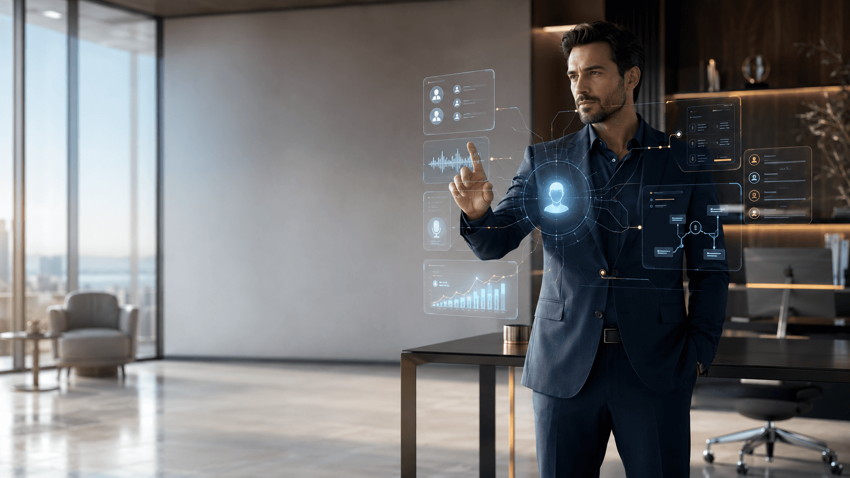 Illustrative scene: an executive raises a hand and floating holographic Cazira.ai panels — voice waveforms, contacts, workflow branches, and charts — respond around him